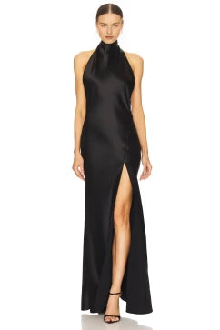 Elegant Sheath Halter Neck Sleeveless Open Back High Slit Floor Length Evening Dress