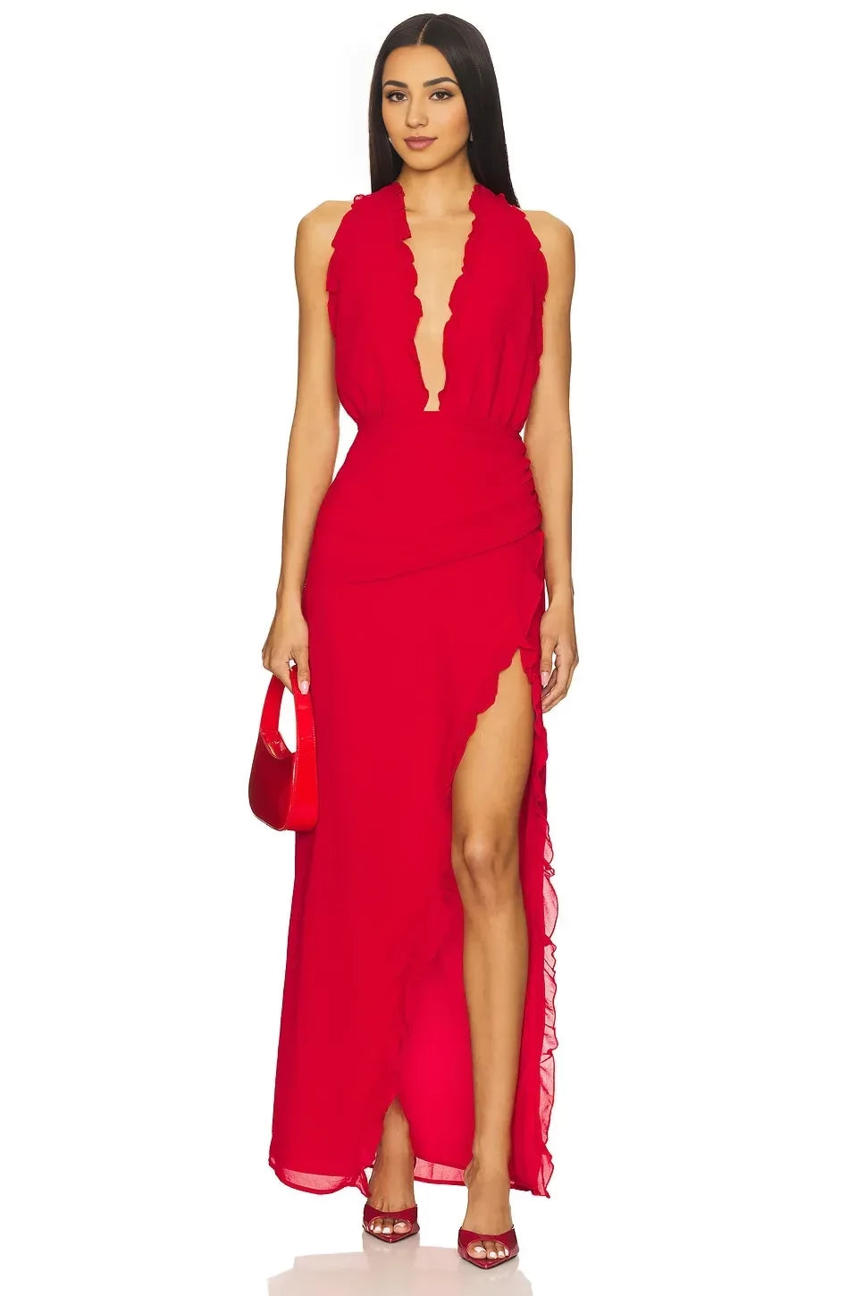 Elegant Sheath Halter Neck Sleeveless Ruffled Asymmetric Open Back Floor Length Evening Dress
