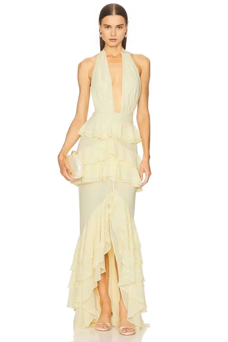 Elegant Sheath Halter Neck Sleeveless Ruffled Back Floor Length Evening Dress