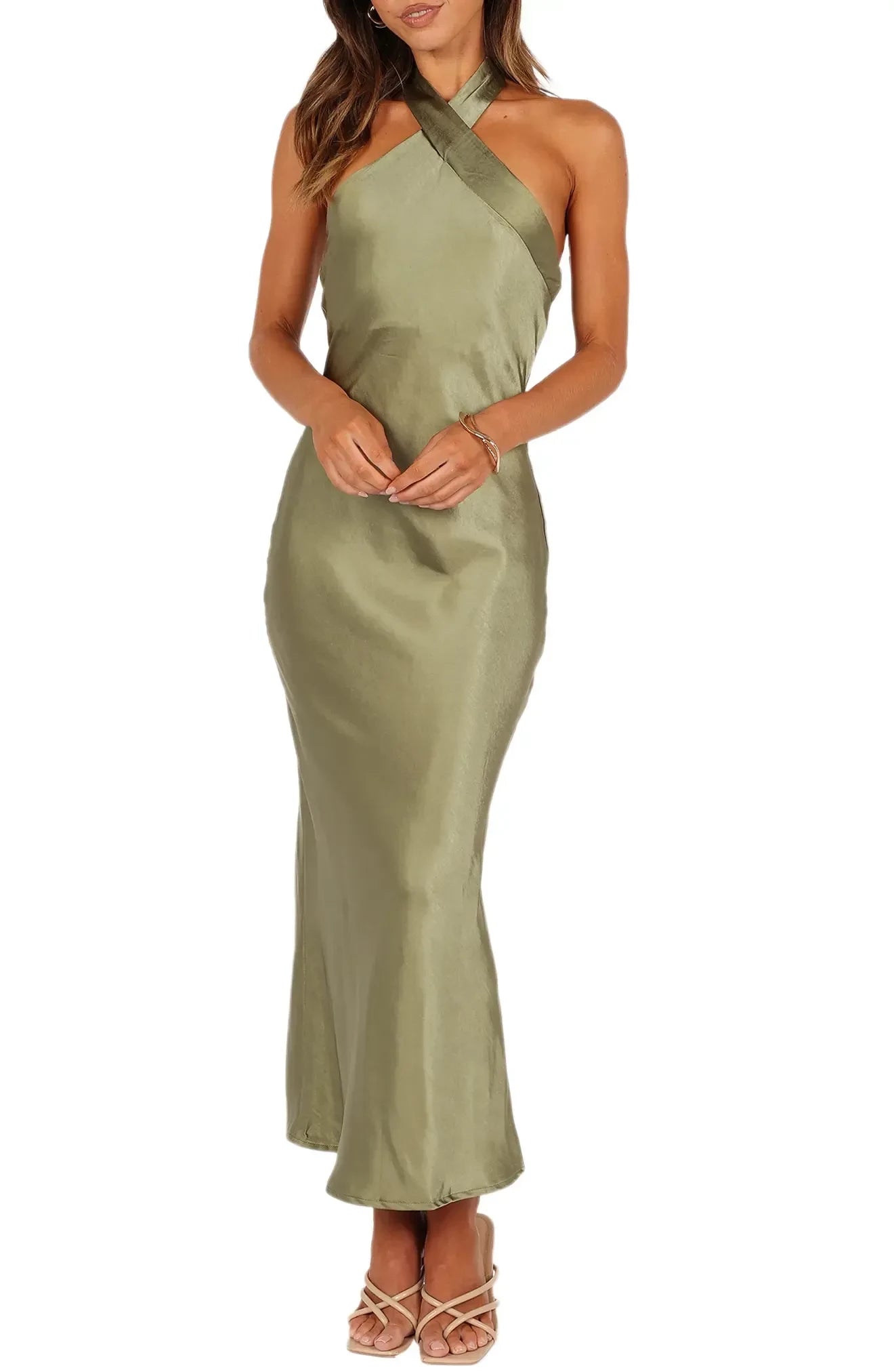 Elegant Sheath Halter Neck Sleeveless Tie Back Floor Length Bridesmaid Dress
