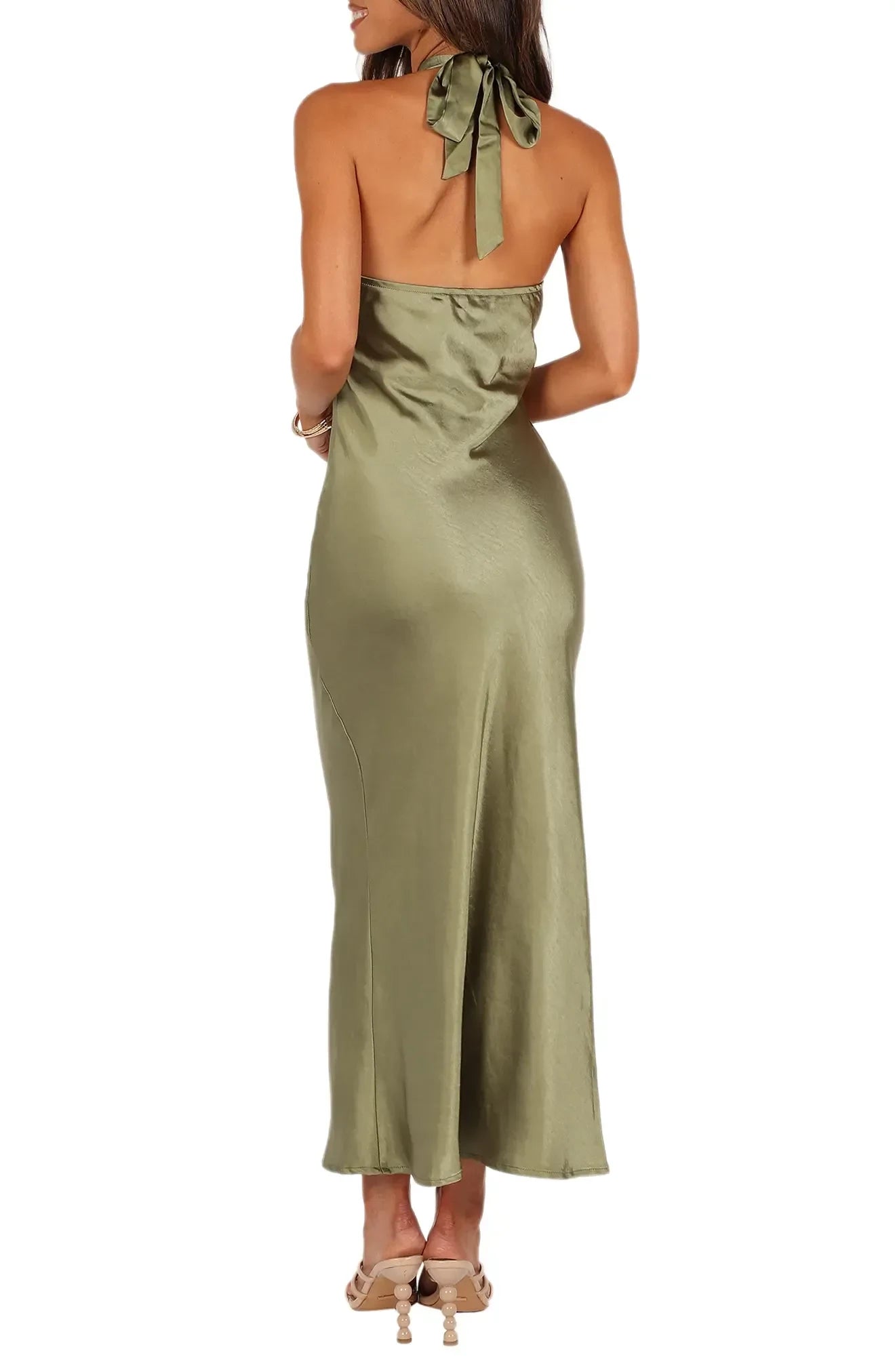 Elegant Sheath Halter Neck Sleeveless Tie Back Floor Length Bridesmaid Dress