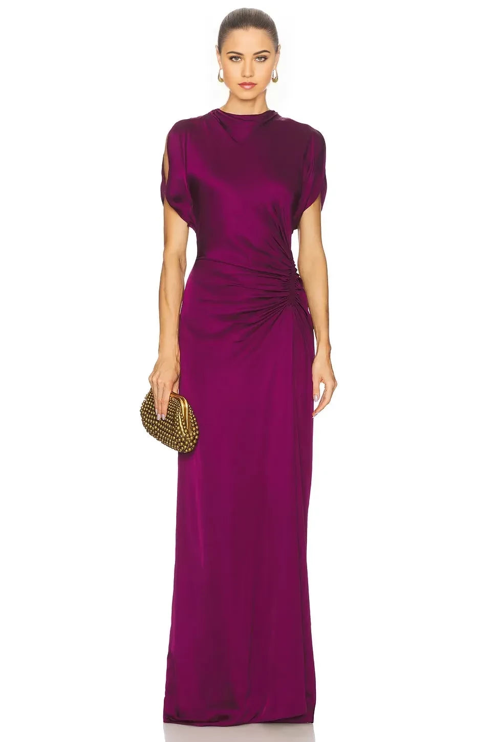 Elegant Sheath High Neck Cutout Sleeve Ruched Back Floor Length Evening Dress