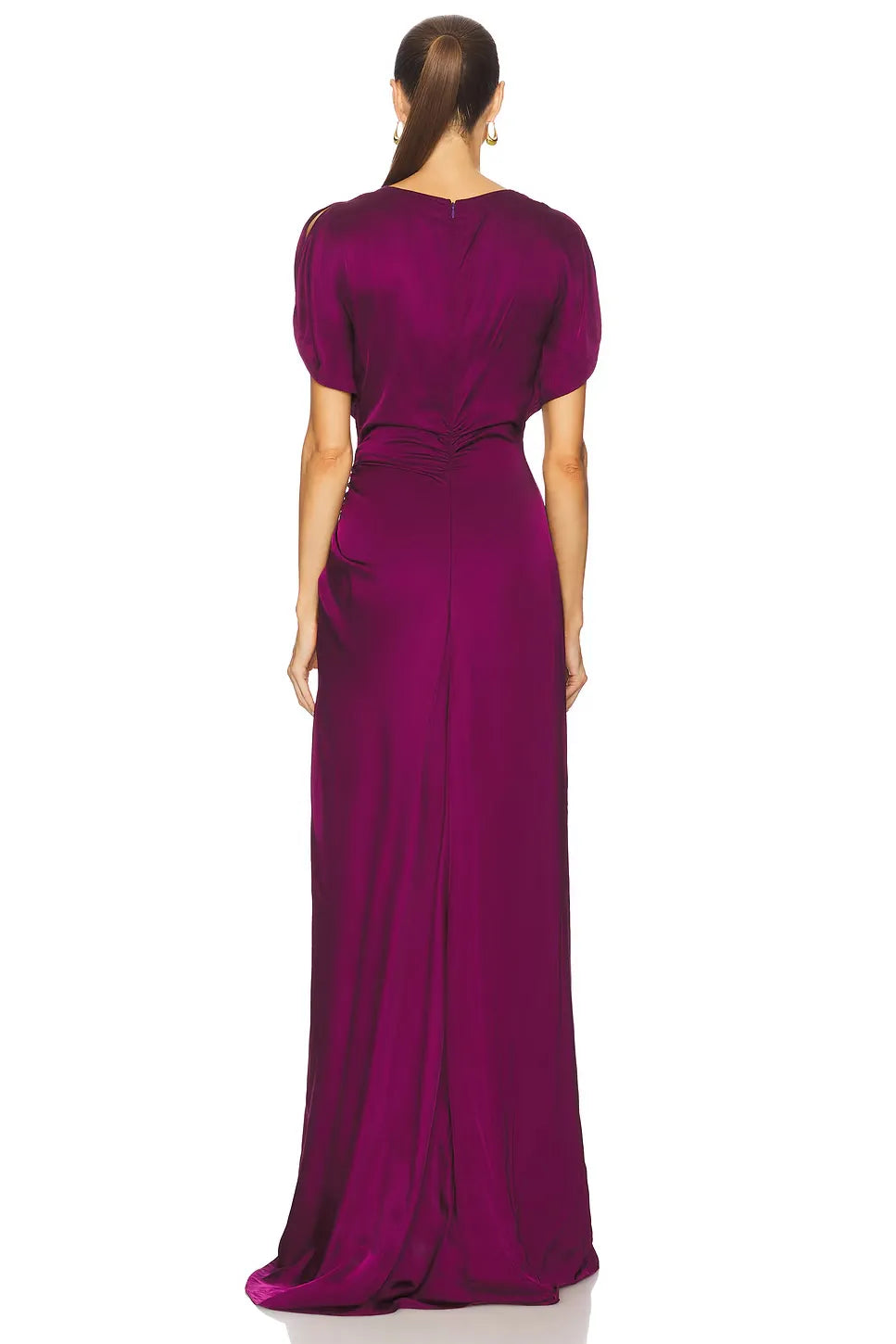 Elegant Sheath High Neck Cutout Sleeve Ruched Back Floor Length Evening Dress