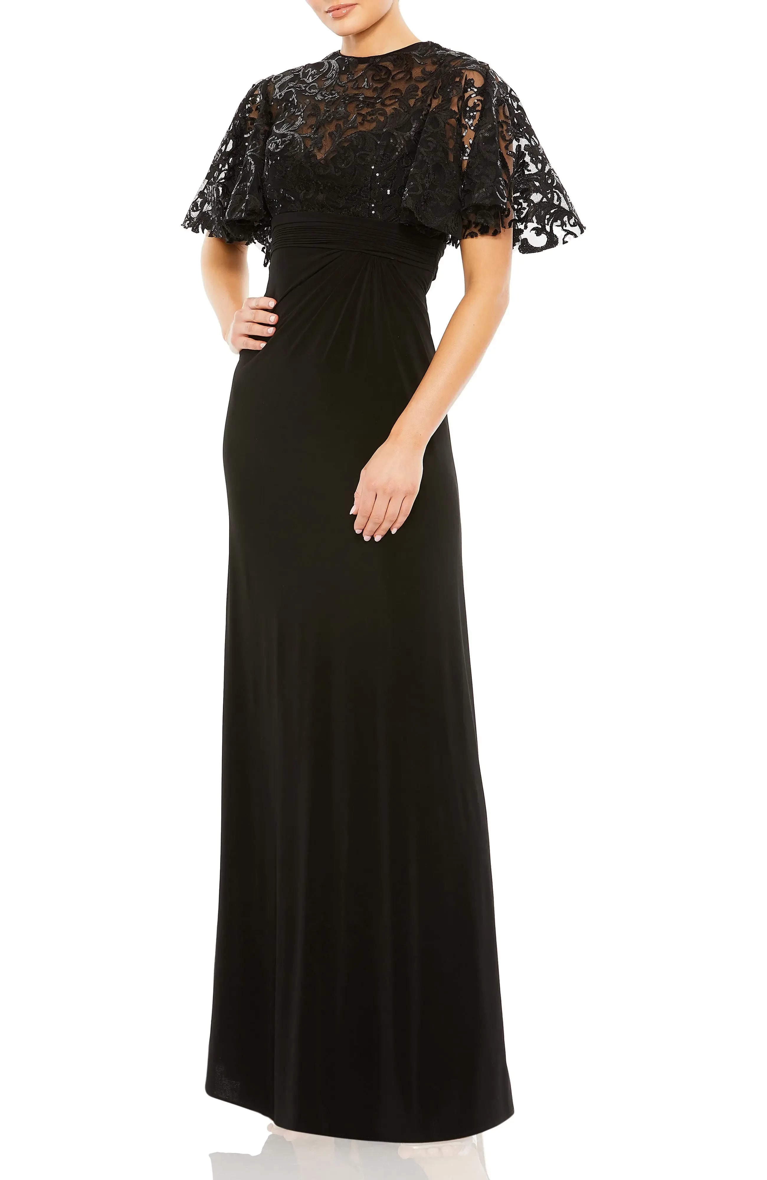 Elegant Sheath High Neck Lace Cape Sleeve Zipper Back Floor Length Evening Dress