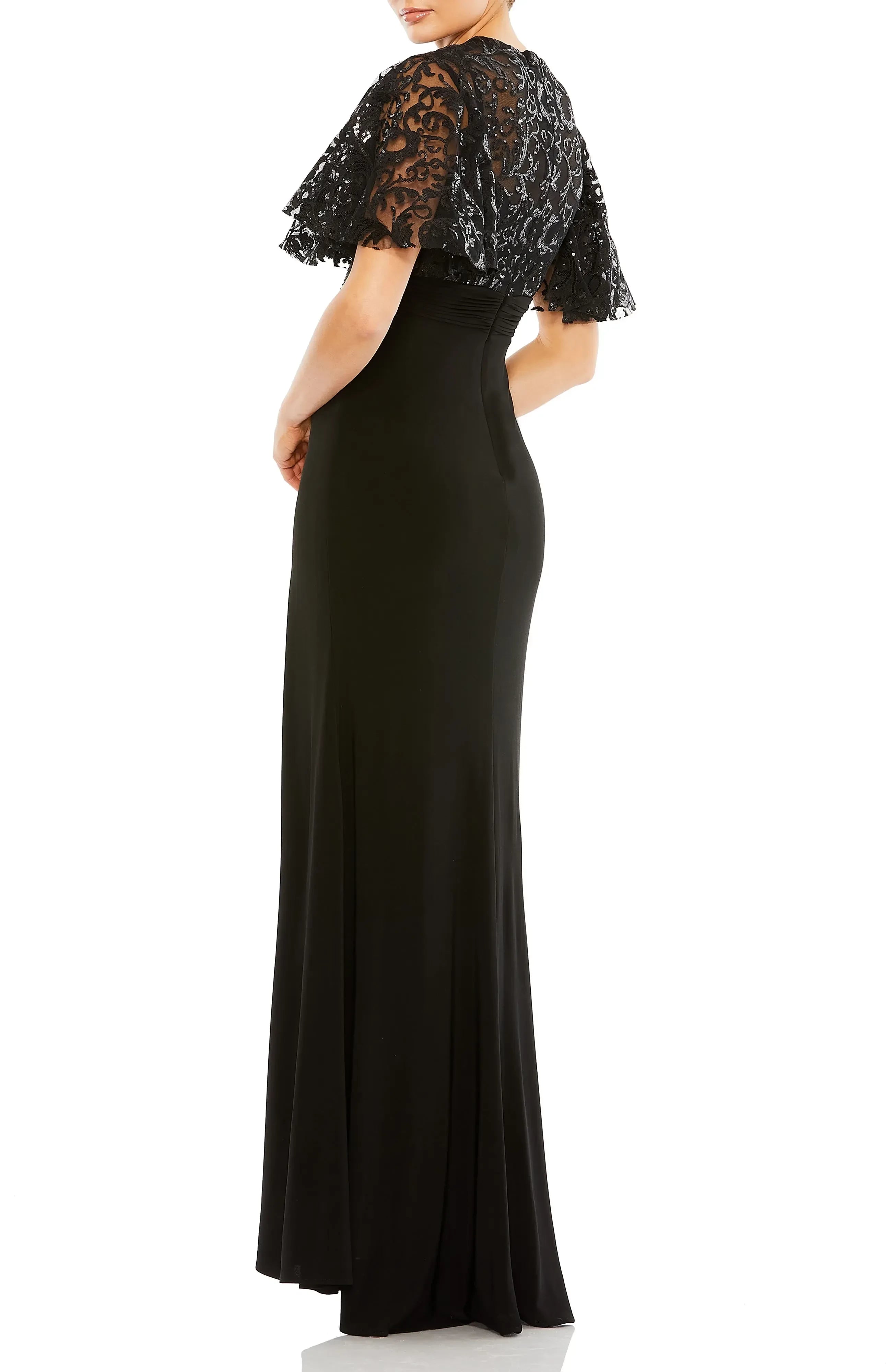 Elegant Sheath High Neck Lace Cape Sleeve Zipper Back Floor Length Evening Dress