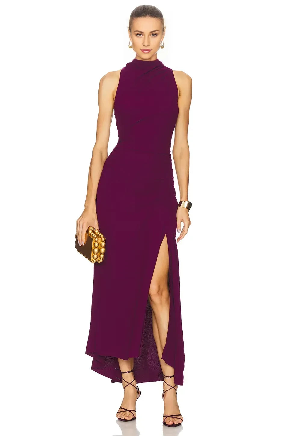 Elegant Sheath High Neck Sleeveless Ruched Detail Slit Front Asymmetric Length Evening Dress