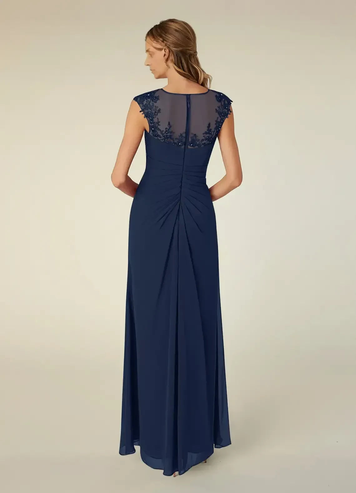 Elegant Sheath Illusion Neck Cap Sleeve Ruched Back Floor Length Mother of the Bride Dress