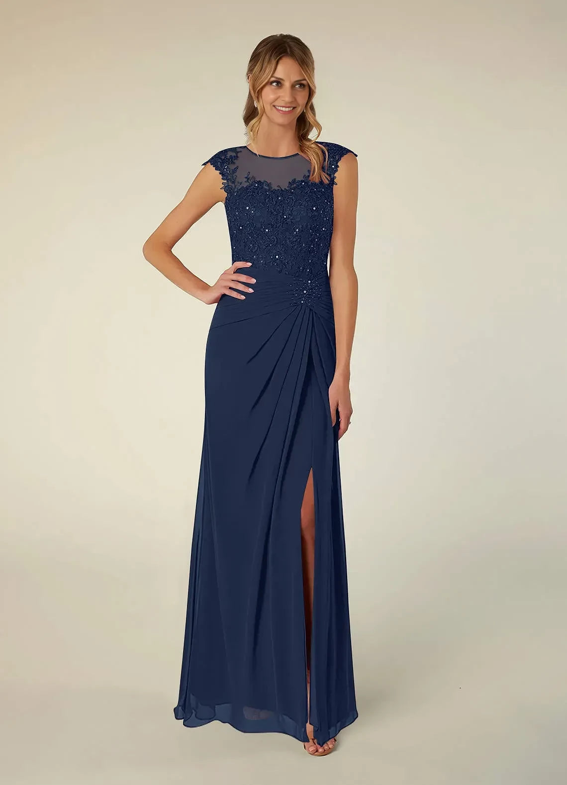 Elegant Sheath Illusion Neck Cap Sleeve Ruched Back Floor Length Mother of the Bride Dress