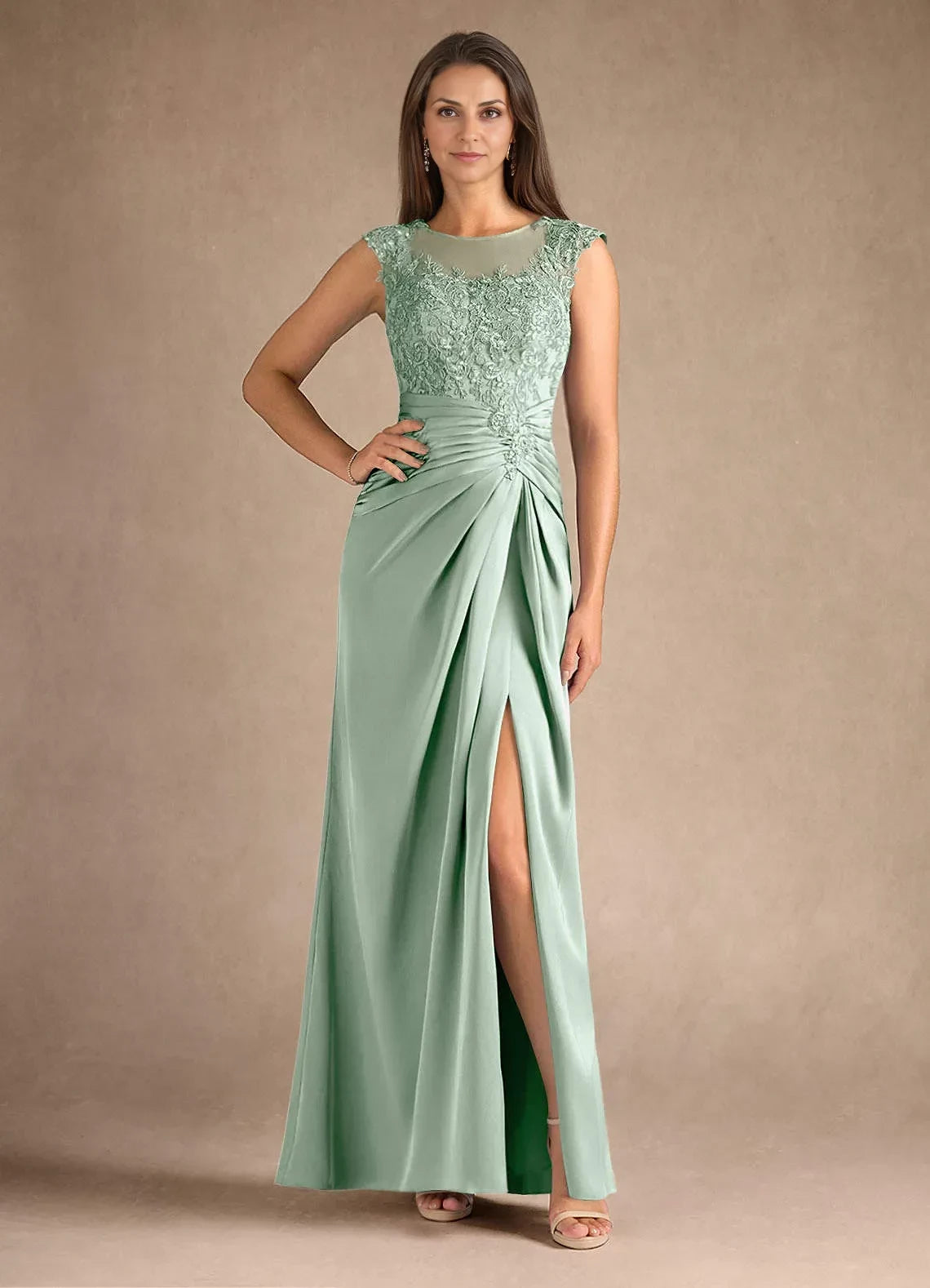 Elegant Sheath Illusion Neck Cap Sleeve Zip Back Floor Length Mother of the Bride Dress