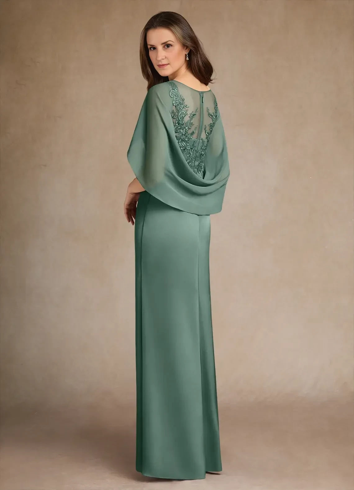 Elegant Sheath Illusion Neck Cape Sleeve Lace Back Floor Length Mother of the Bride Dress
