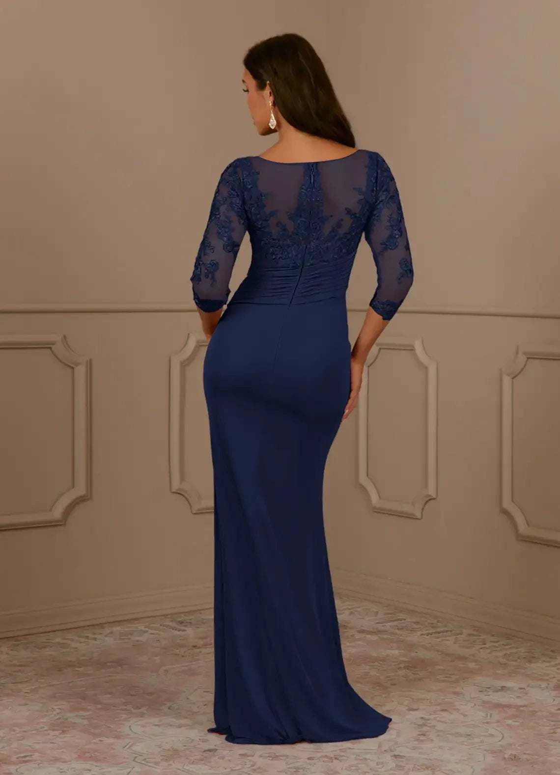 Elegant Sheath Illusion Neck Three Quarter Sleeve Zip Back Floor Length Mother of the Bride Dress