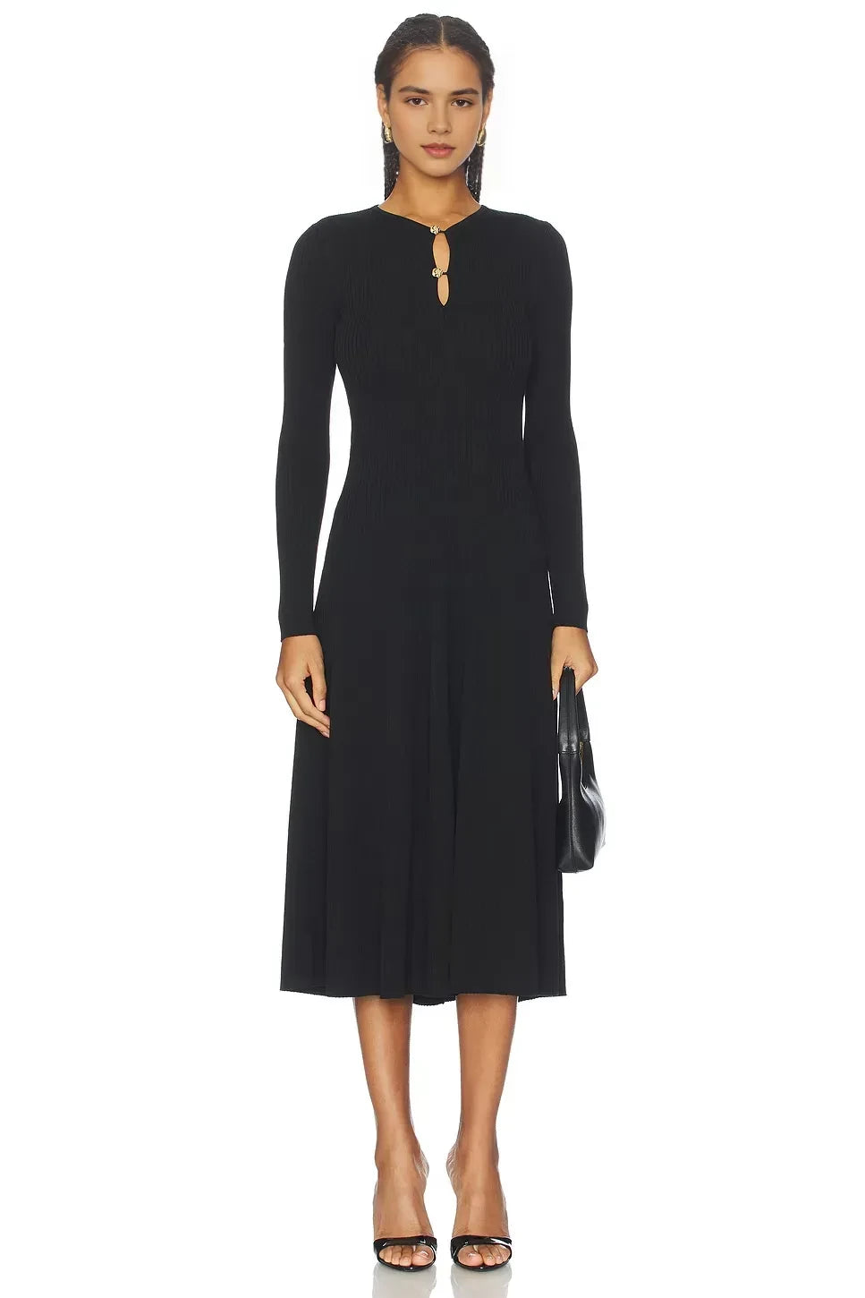Elegant Sheath Keyhole Neck Long Sleeve Flared Midi Evening Dress