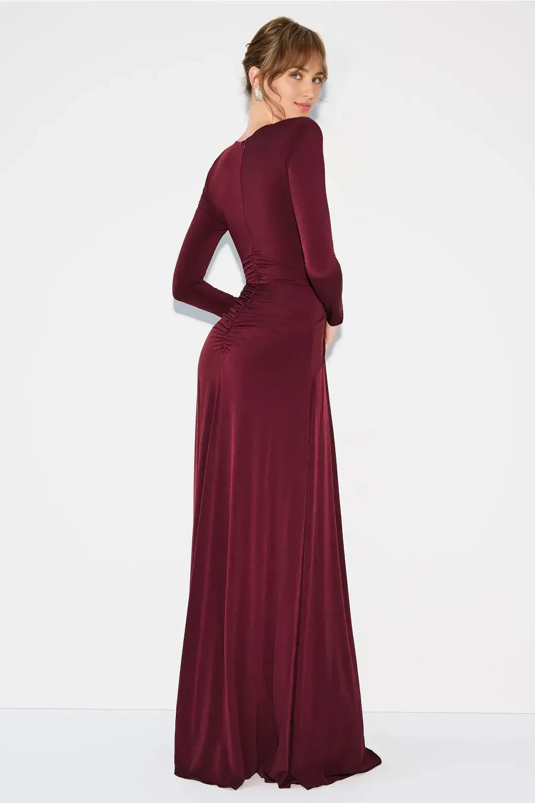 Elegant Sheath Keyhole Neck Long Sleeve Ruched Bodice Floor Length Plus Size Prom Dress