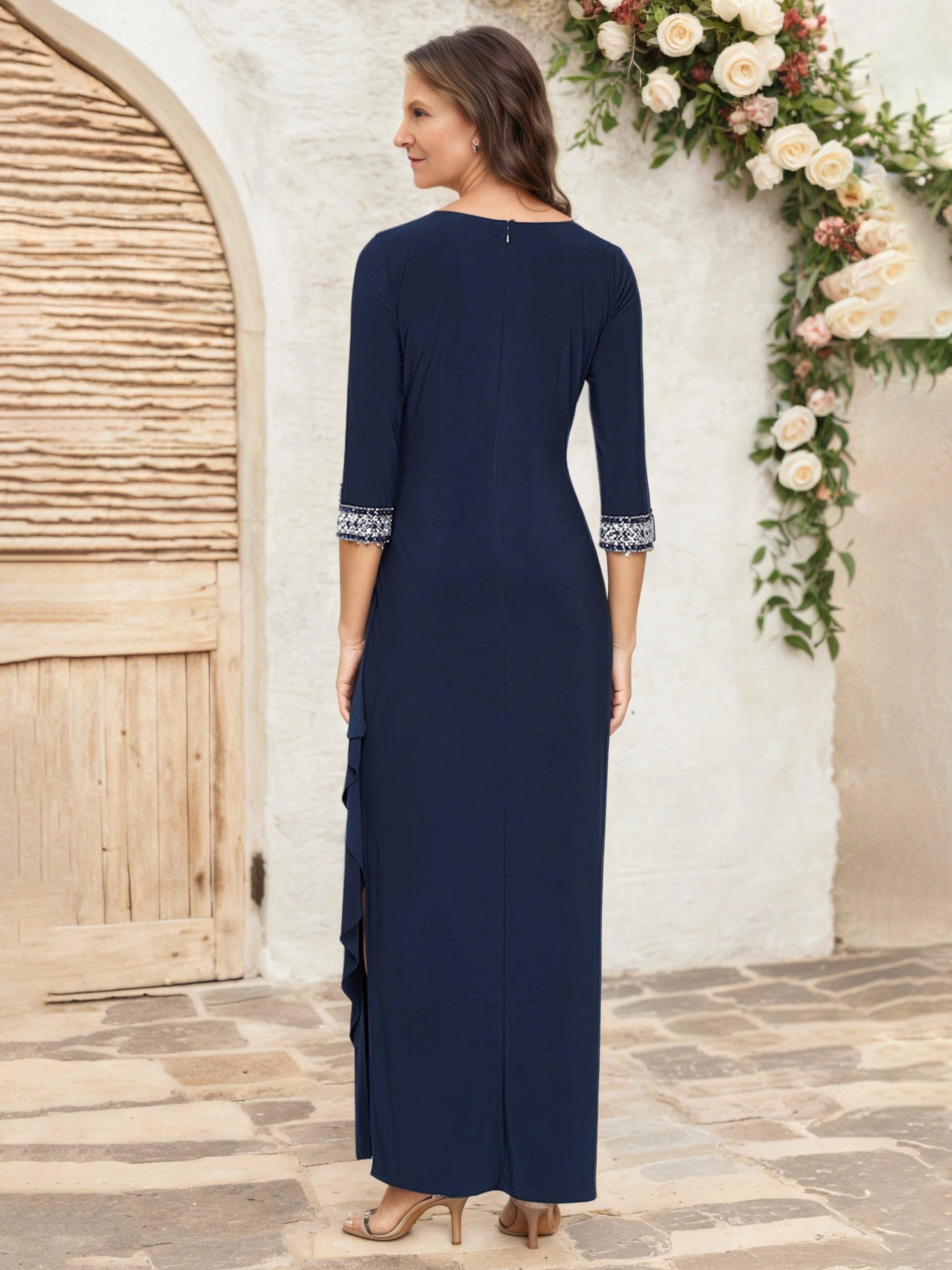 Elegant Sheath Keyhole Neck Three Quarter Sleeve Zip Back Floor Length Mother of the Bride Dress