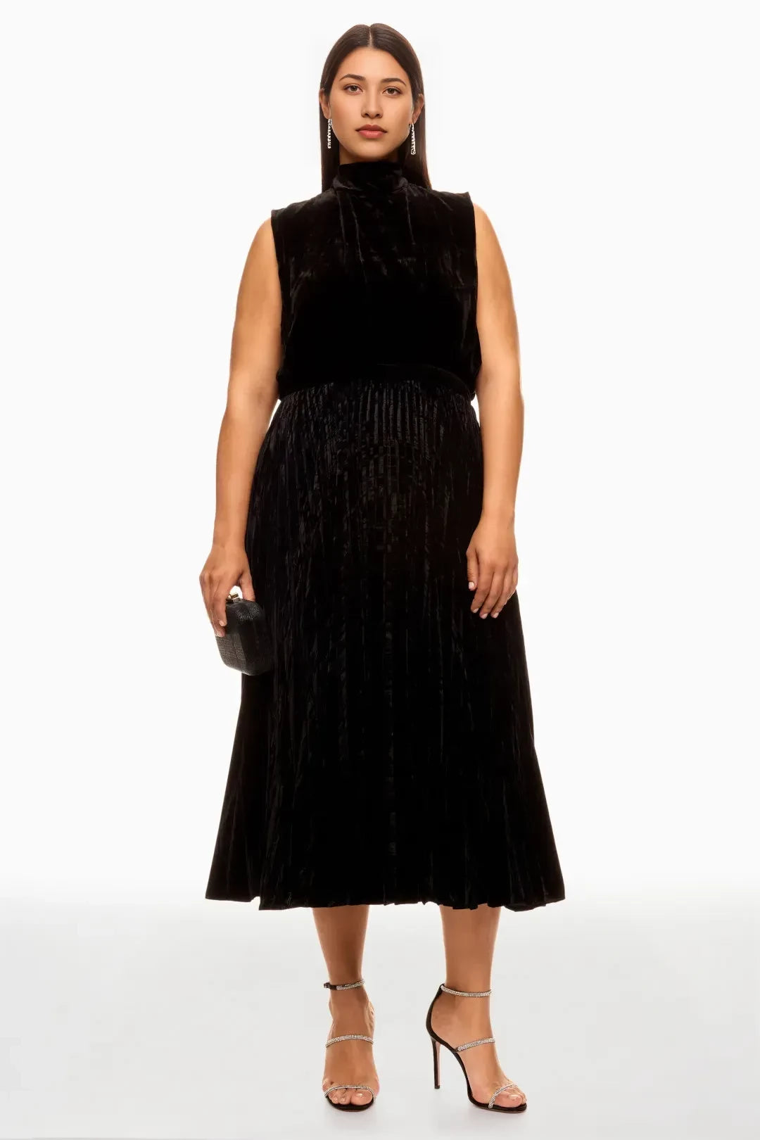 Elegant Sheath Mock Neck Sleeveless Pleated Velvet Midi Length Plus Size Prom Dress