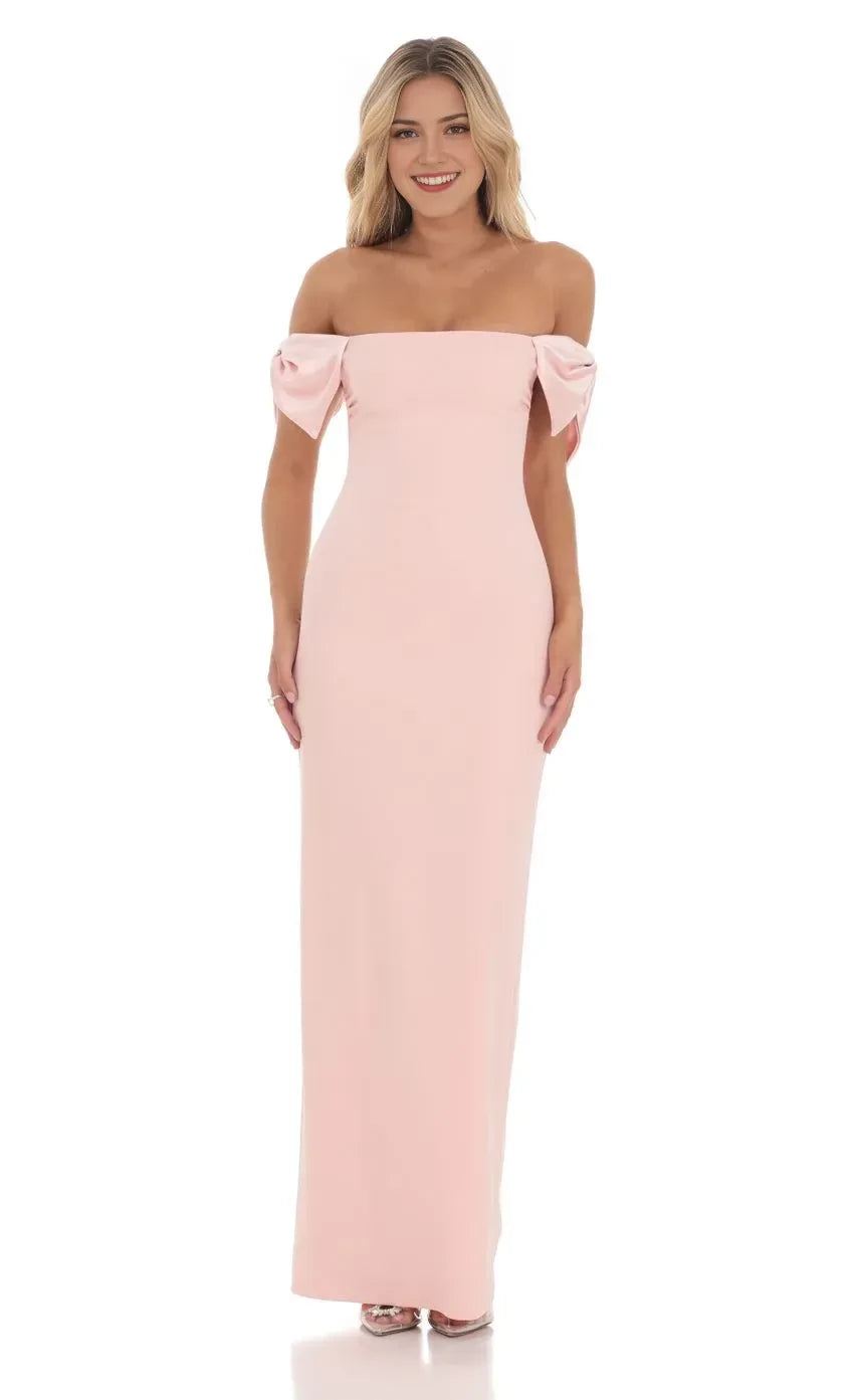 Elegant Sheath Off Shoulder Bow Sleeve Zipper Back Floor Length Evening Dress