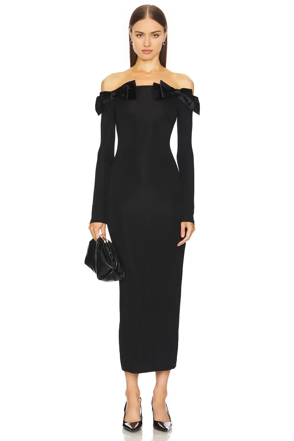 Elegant Sheath Off Shoulder Long Sleeve Bow Detail Midi Length Evening Dress