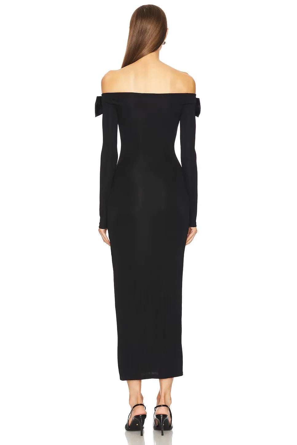 Elegant Sheath Off Shoulder Long Sleeve Bow Detail Midi Length Evening Dress