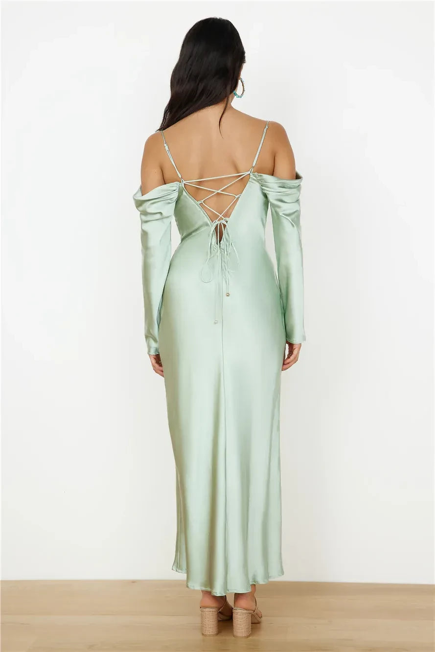 Elegant Sheath Off Shoulder Long Sleeve Lace Up Back Floor Length Prom Dress