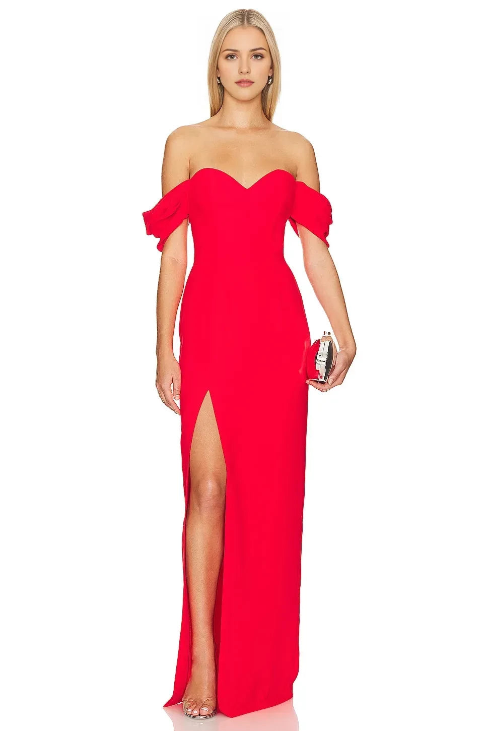 Elegant Sheath Off Shoulder Ruffled Sleeve High Slit Floor Length Prom Dress