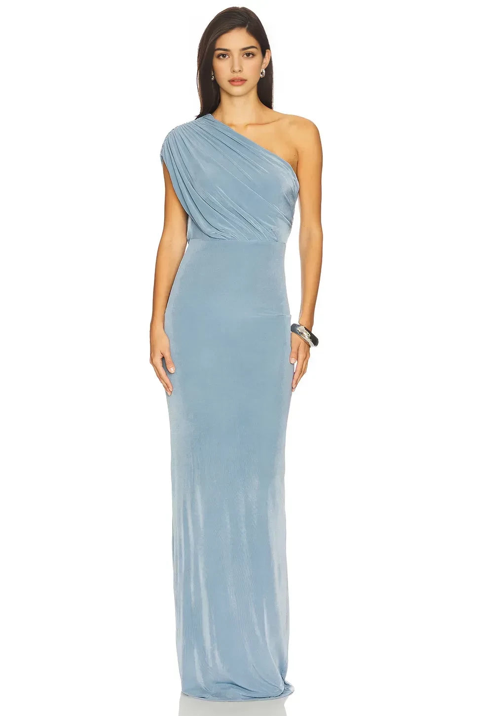 Elegant Sheath One Shoulder Draped Neck Sleeveless Open Back Floor Length Evening Dress