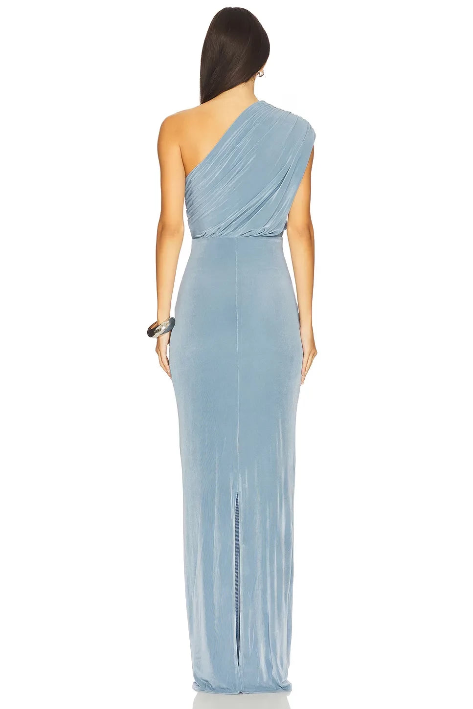 Elegant Sheath One Shoulder Draped Neck Sleeveless Open Back Floor Length Evening Dress