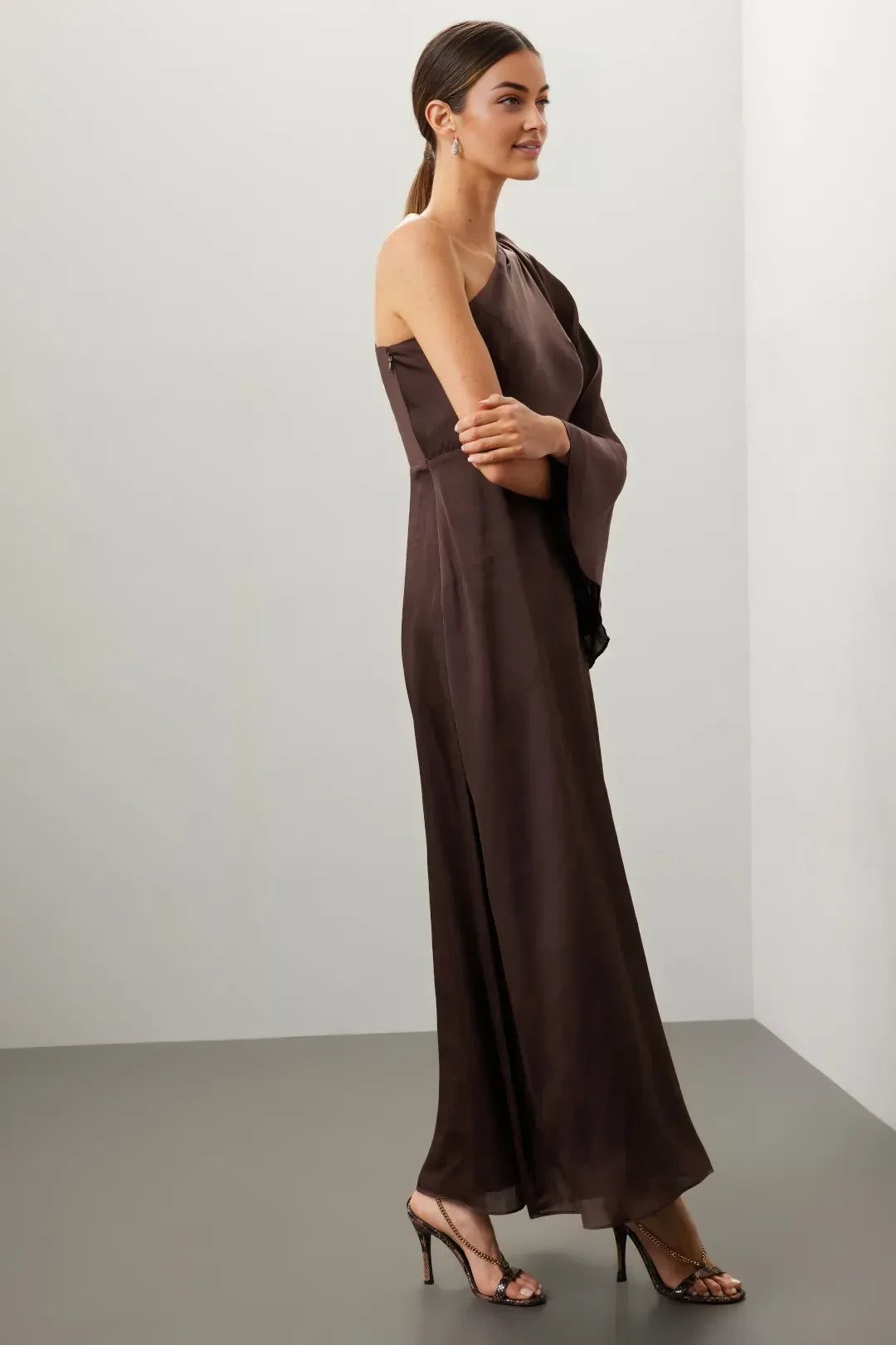 Elegant Sheath One Shoulder Draped Sleeve Floor Length Plus Size Prom Dress