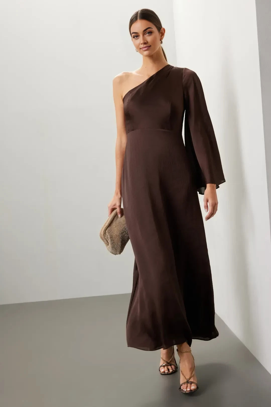 Elegant Sheath One Shoulder Draped Sleeve Floor Length Plus Size Prom Dress