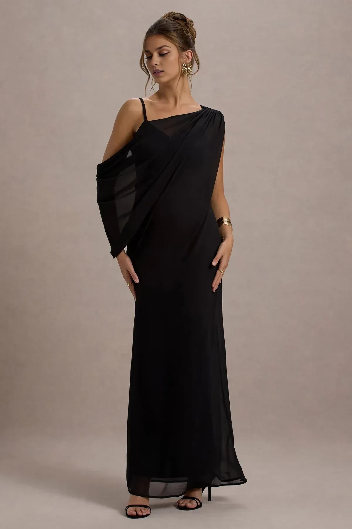 Elegant Sheath One Shoulder Draped Sleeve Open Back Floor Length Evening Dress