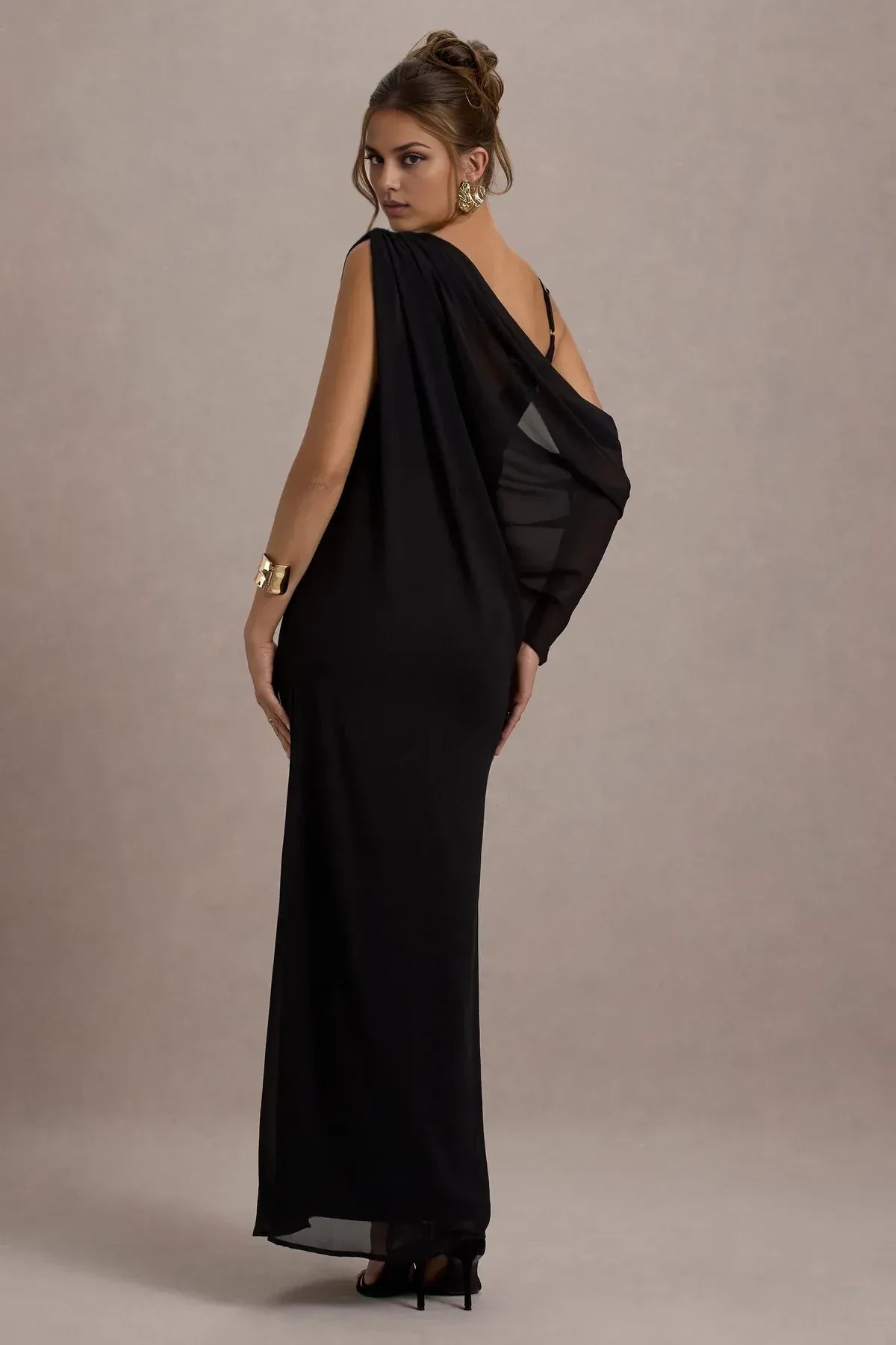 Elegant Sheath One Shoulder Draped Sleeve Open Back Floor Length Evening Dress