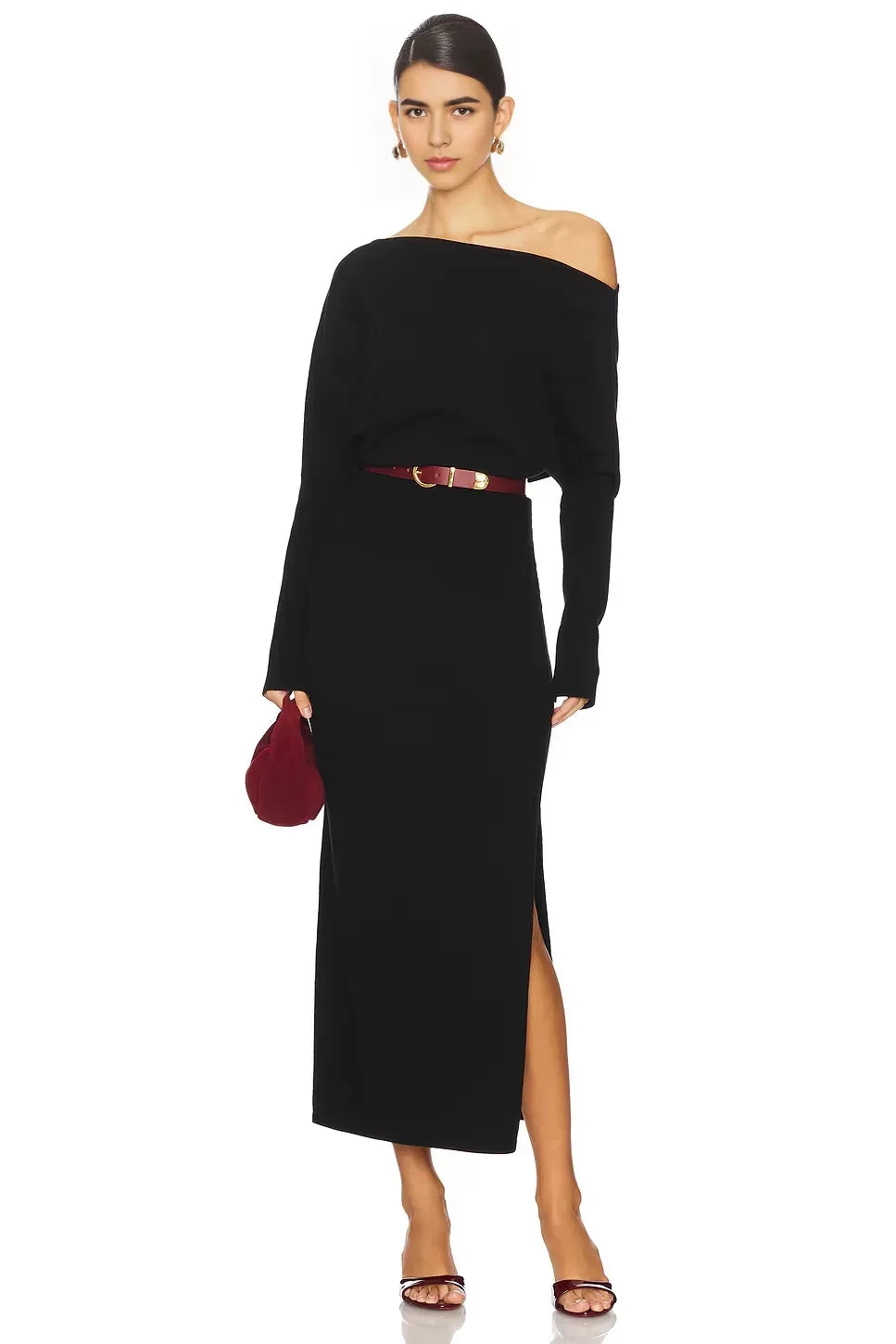Elegant Sheath One Shoulder Long Sleeve Slit Front Midi Length Evening Dress