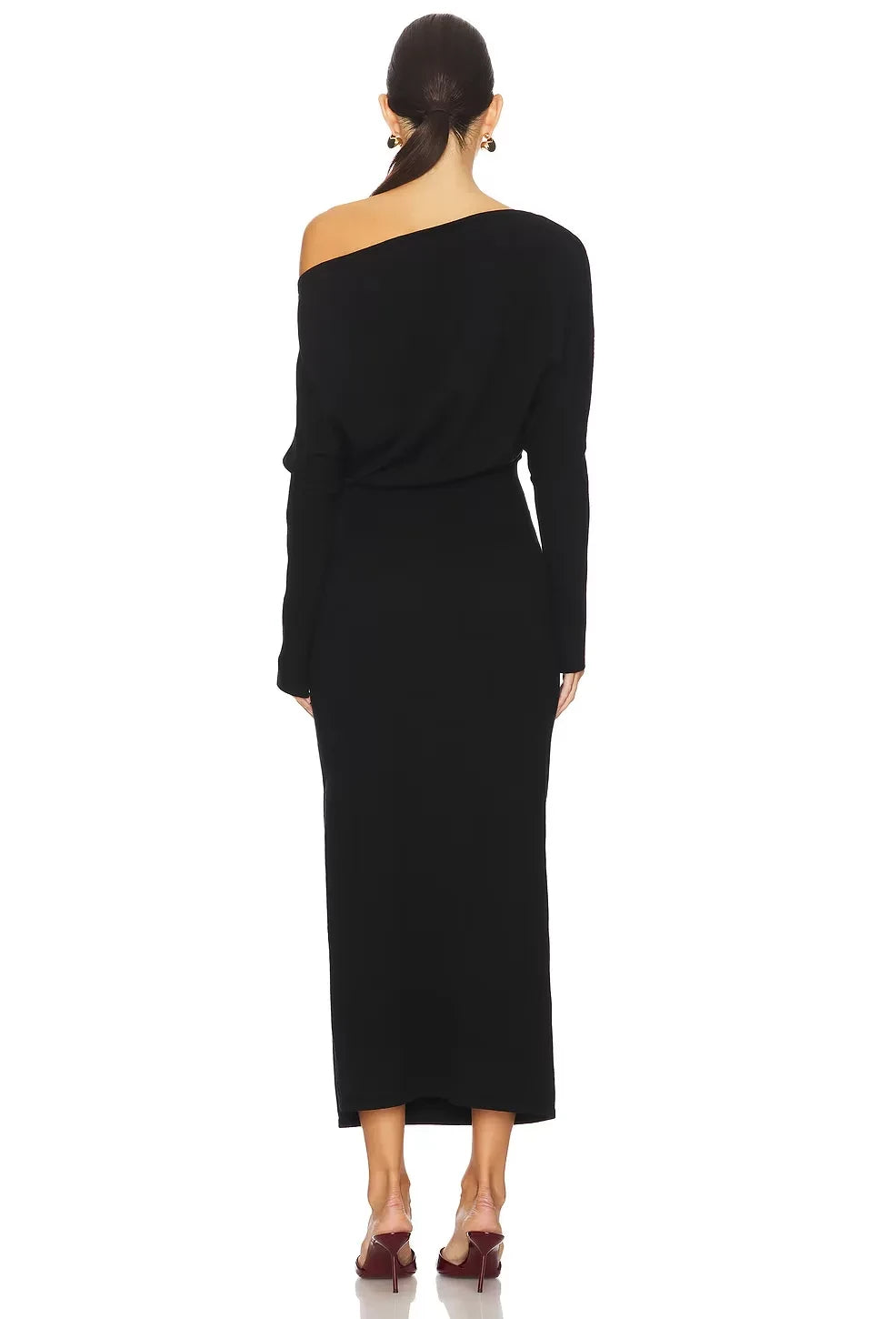 Elegant Sheath One Shoulder Long Sleeve Slit Front Midi Length Evening Dress