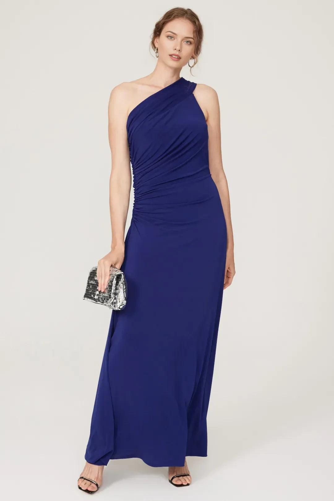 Elegant Sheath One Shoulder Ruched Side Floor Length Plus Size Prom Dress