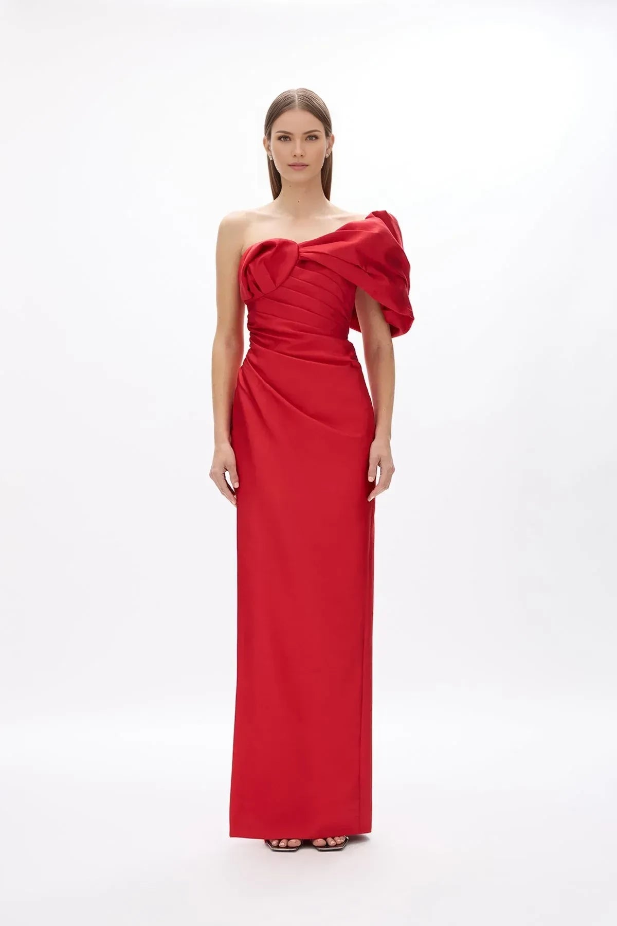 Elegant Sheath One Shoulder Ruffled Sleeve Zipper Back Floor Length Evening Dress