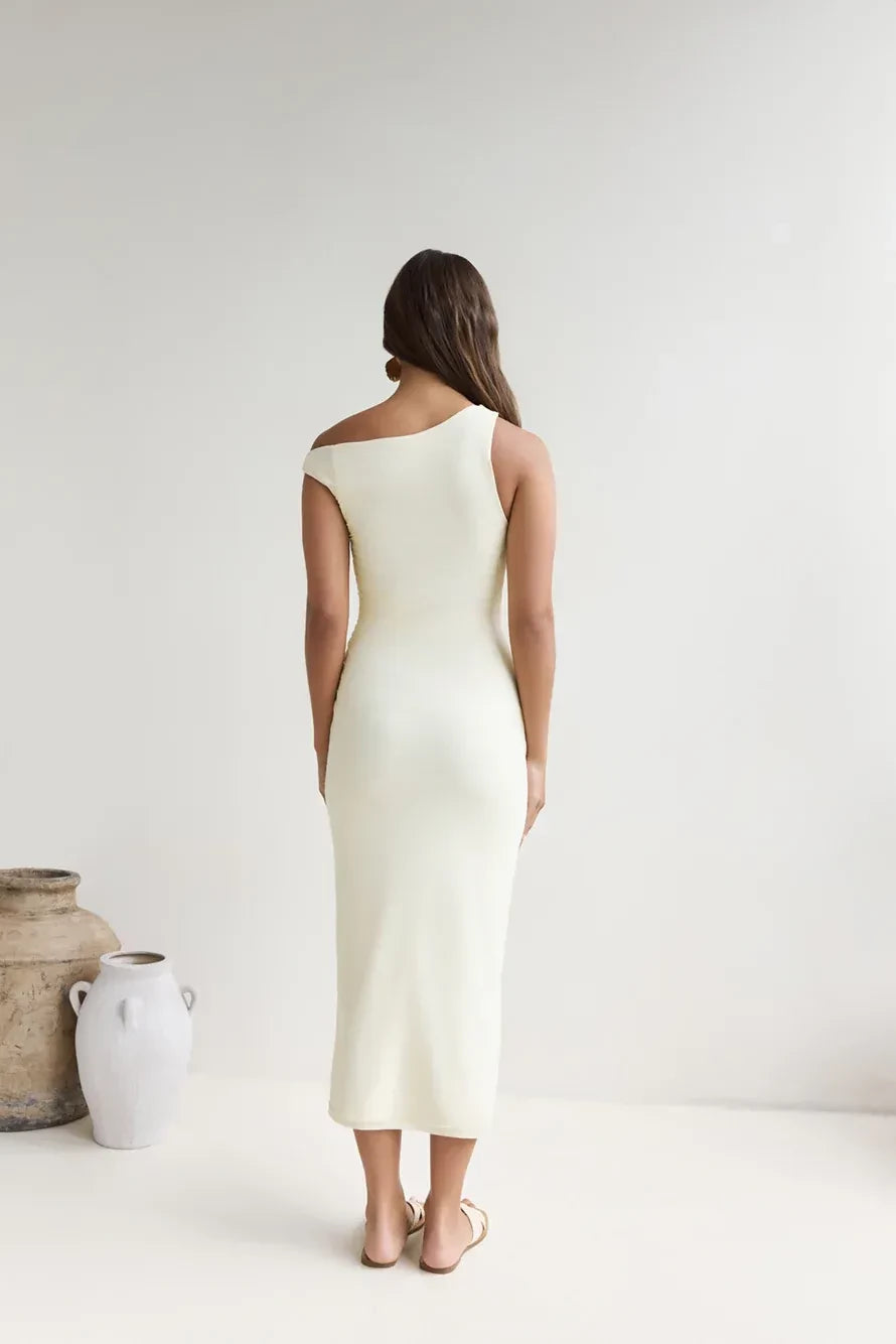 Elegant Sheath One Shoulder Sleeveless Ruched Bodice Midi Length Prom Dress