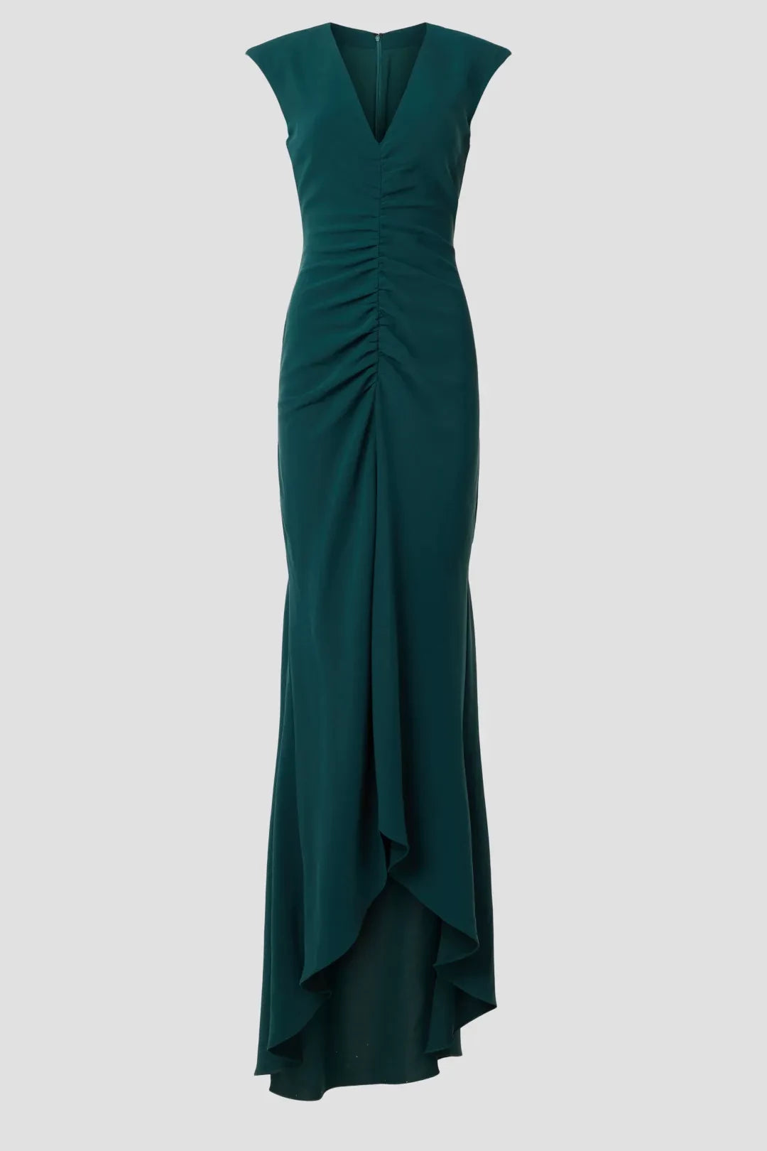 Elegant Sheath Plunge Neck Cap Sleeve Ruched Asymmetric Hem Plus Size Prom Dress