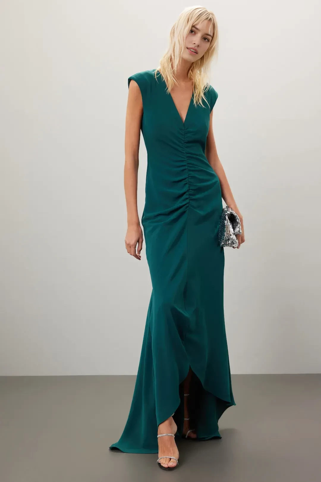 Elegant Sheath Plunge Neck Cap Sleeve Ruched Asymmetric Hem Plus Size Prom Dress