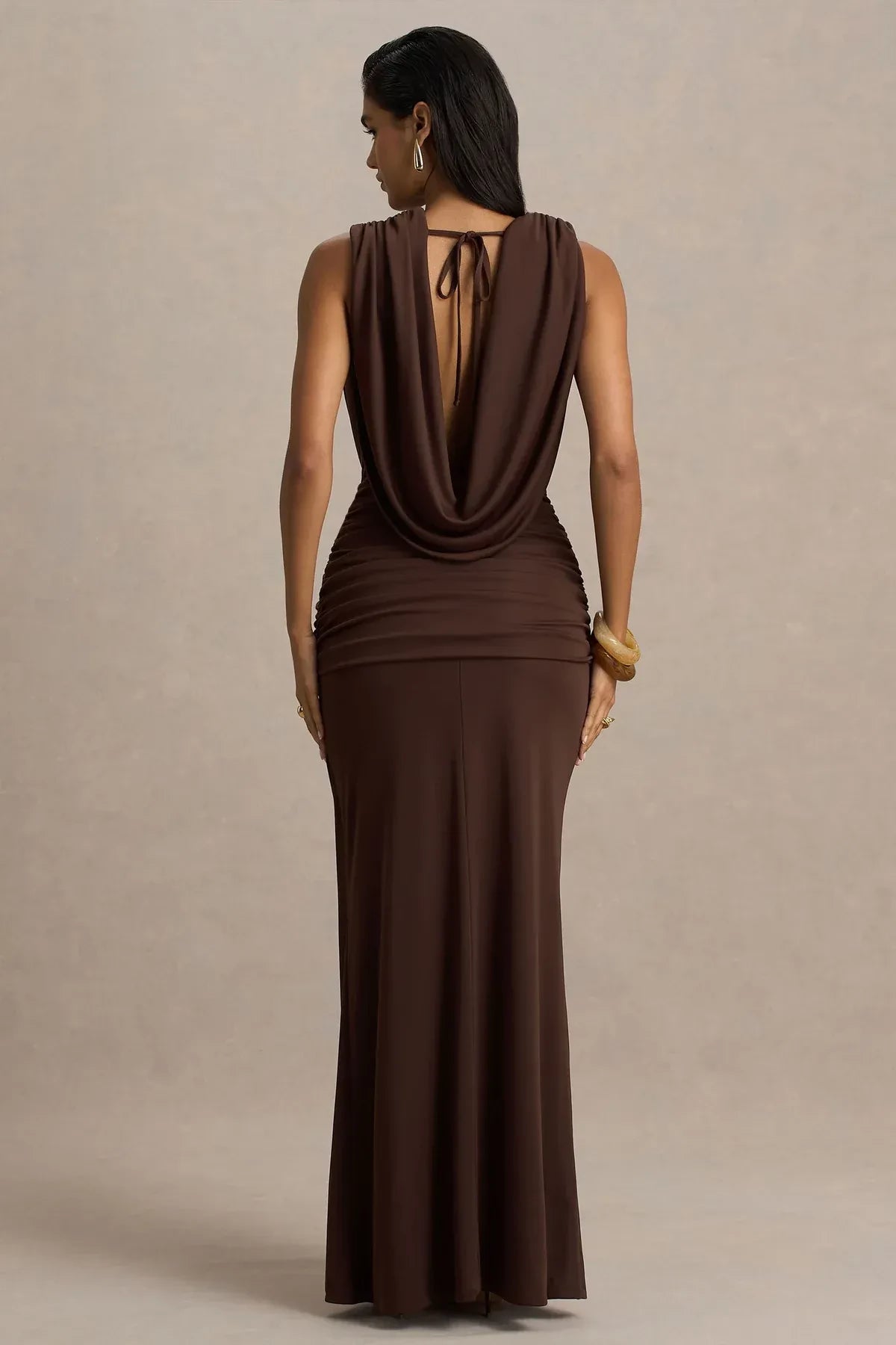 Elegant Sheath Plunge Neck Sleeveless Draped Back Floor Length Evening Dress