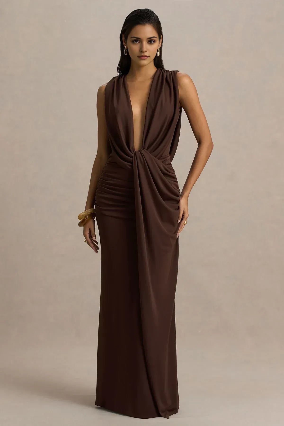 Elegant Sheath Plunge Neck Sleeveless Draped Back Floor Length Evening Dress