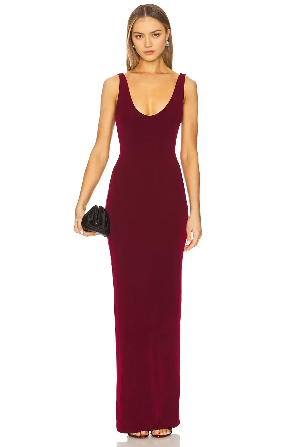 Elegant Sheath Plunge Neck Sleeveless Open Back Floor Length Evening Dress