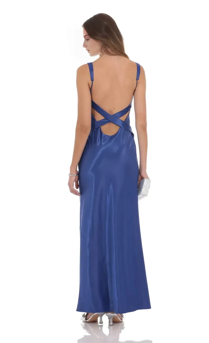 Elegant Sheath Plunge Neck Spaghetti Strap Criss Cross Back Floor Length Evening Dress
