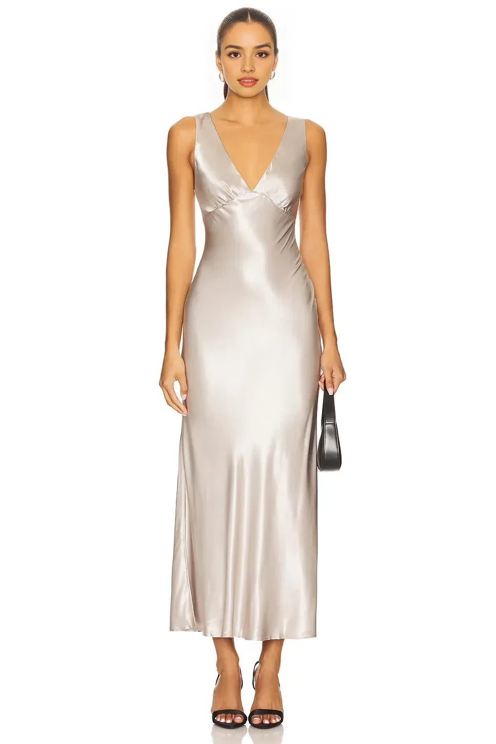 Elegant Sheath Plunge V Neck Sleeveless Open Back Midi Length Evening Dress
