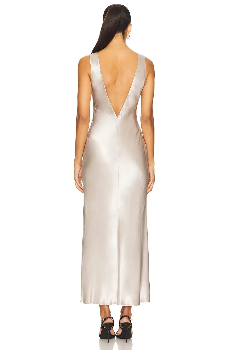 Elegant Sheath Plunge V Neck Sleeveless Open Back Midi Length Evening Dress