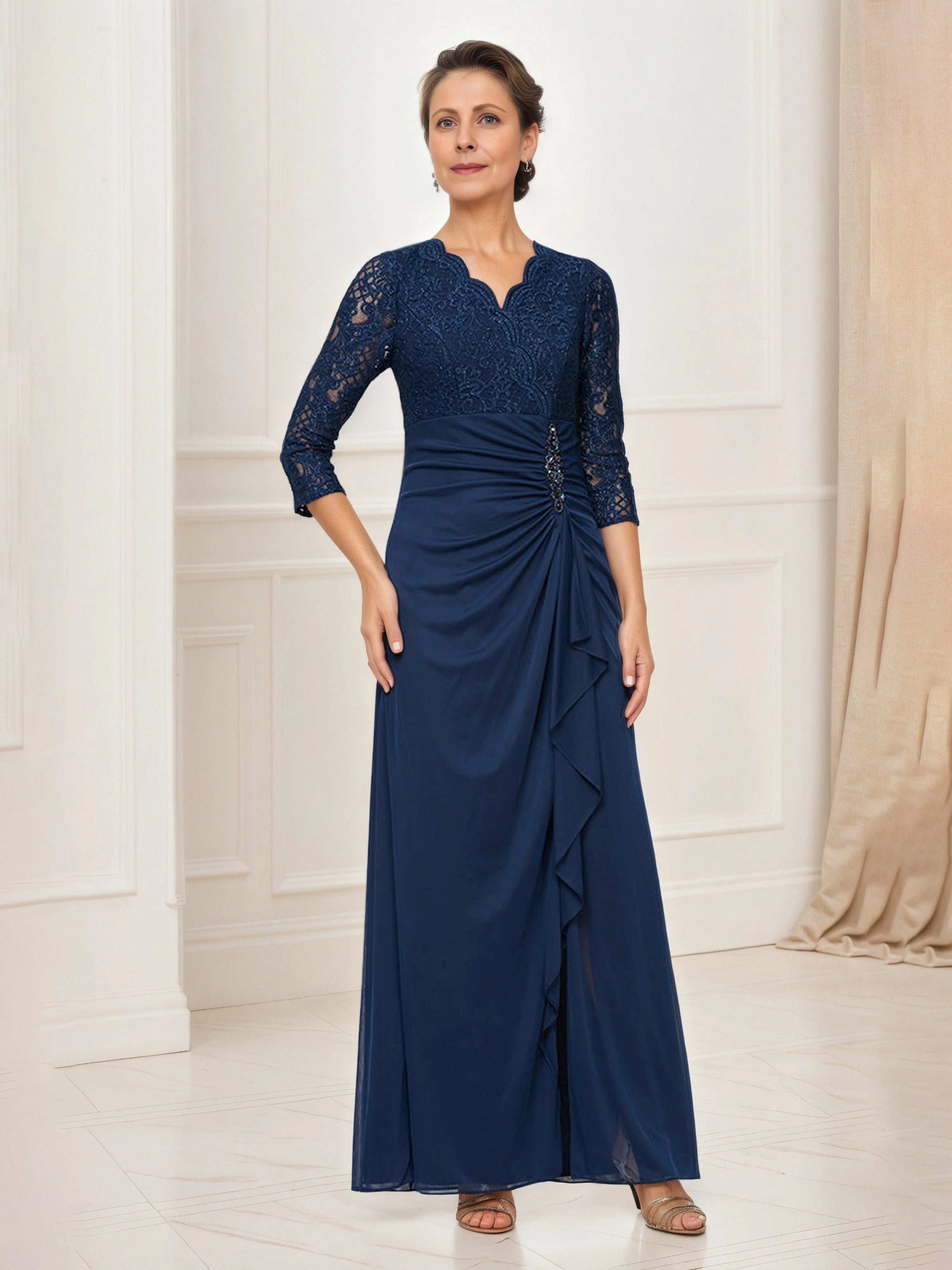 Elegant Sheath Scalloped V Neck Three Quarter Lace Sleeve Zip Back Floor Length Mother of the Bride Dress