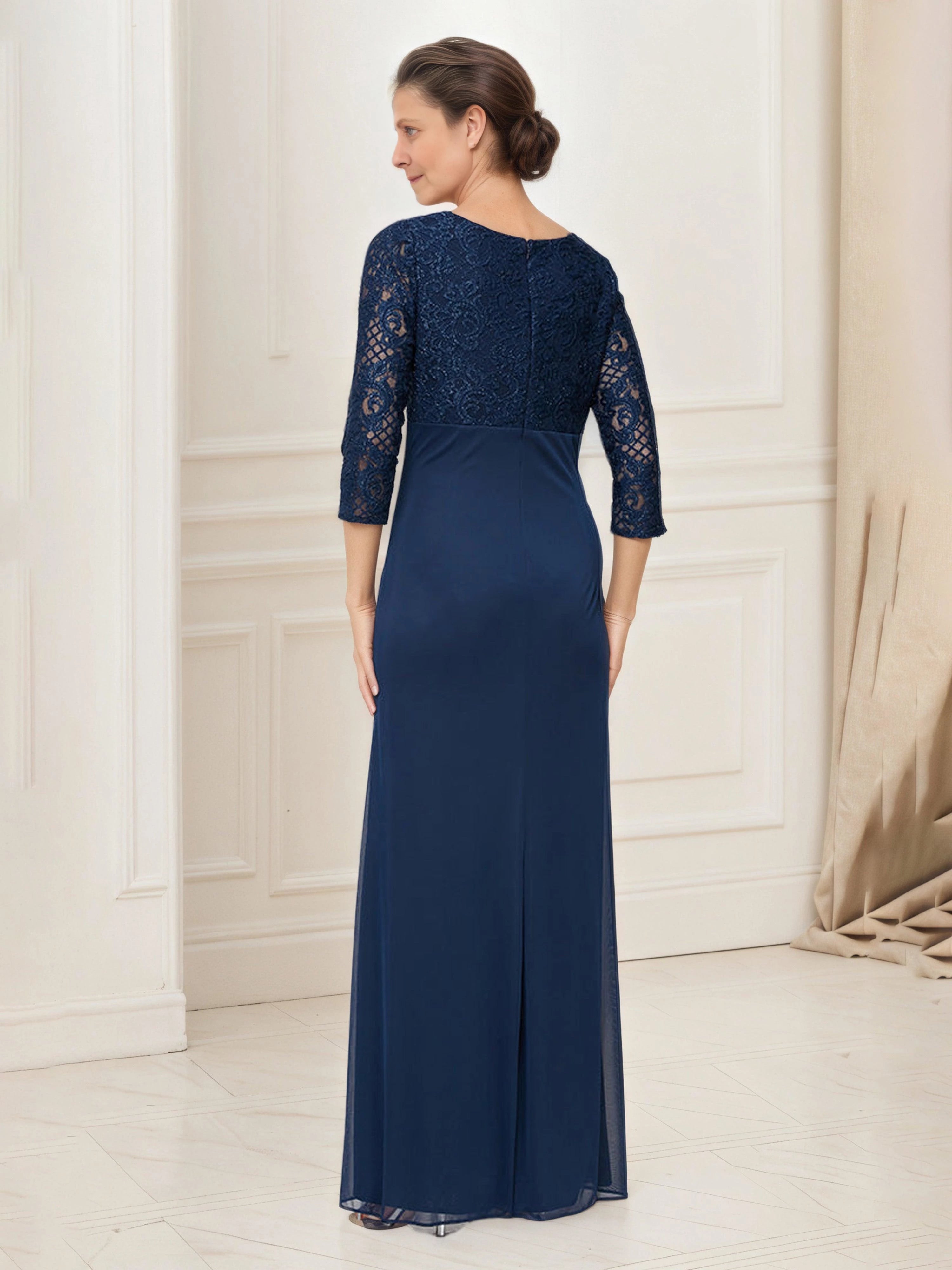 Elegant Sheath Scalloped V Neck Three Quarter Lace Sleeve Zip Back Floor Length Mother of the Bride Dress