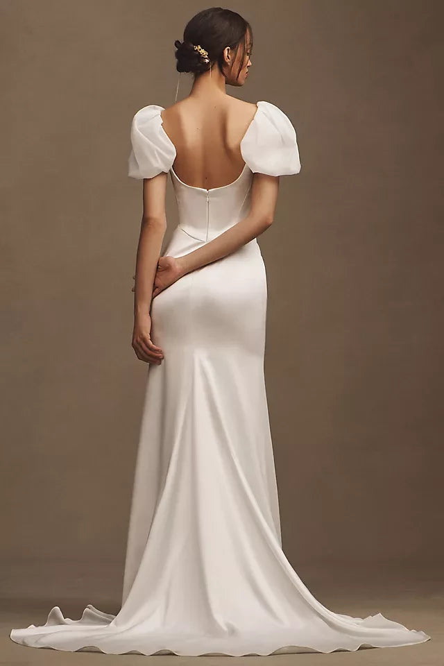 Elegant Sheath Square Neck Puff Sleeve Open Back Floor Length Wedding Dress