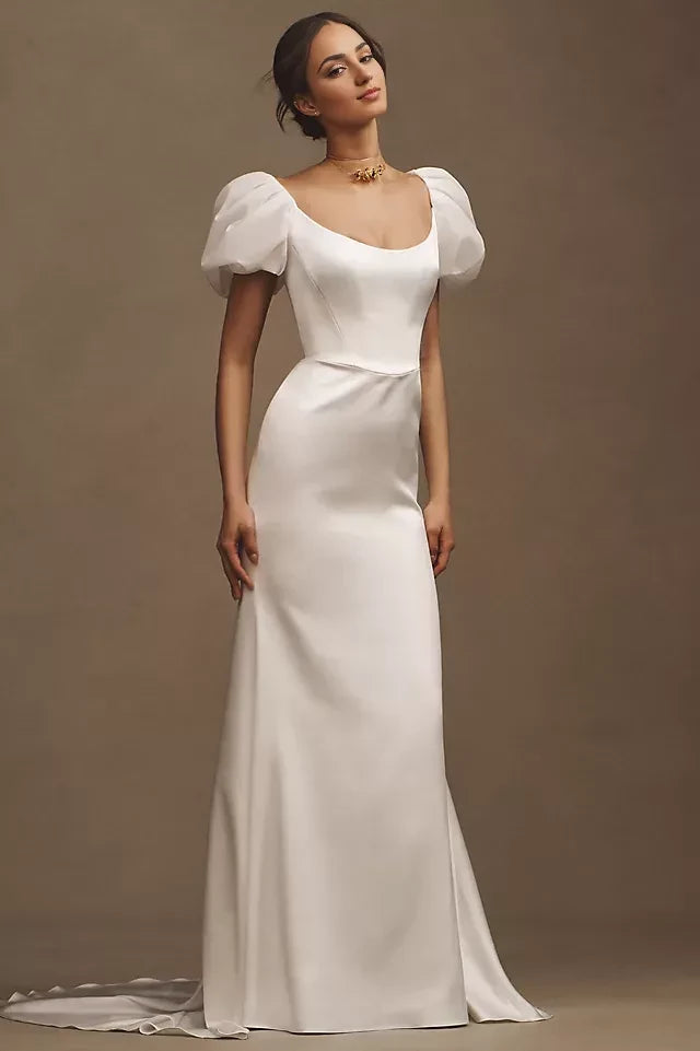Elegant Sheath Square Neck Puff Sleeve Open Back Floor Length Wedding Dress