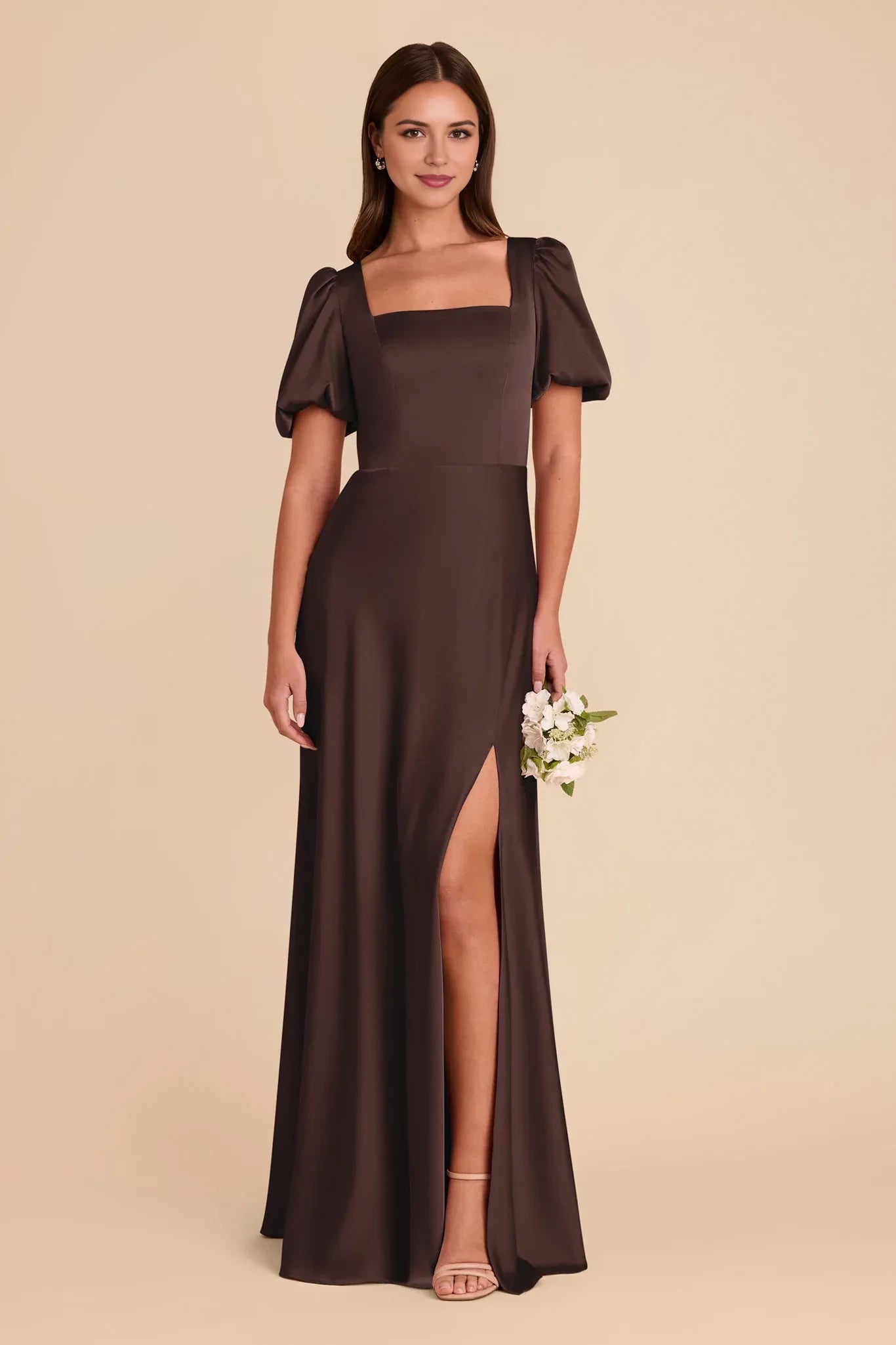Elegant Sheath Square Neck Puff Sleeve Tie Back Floor Length Bridesmaid Dress