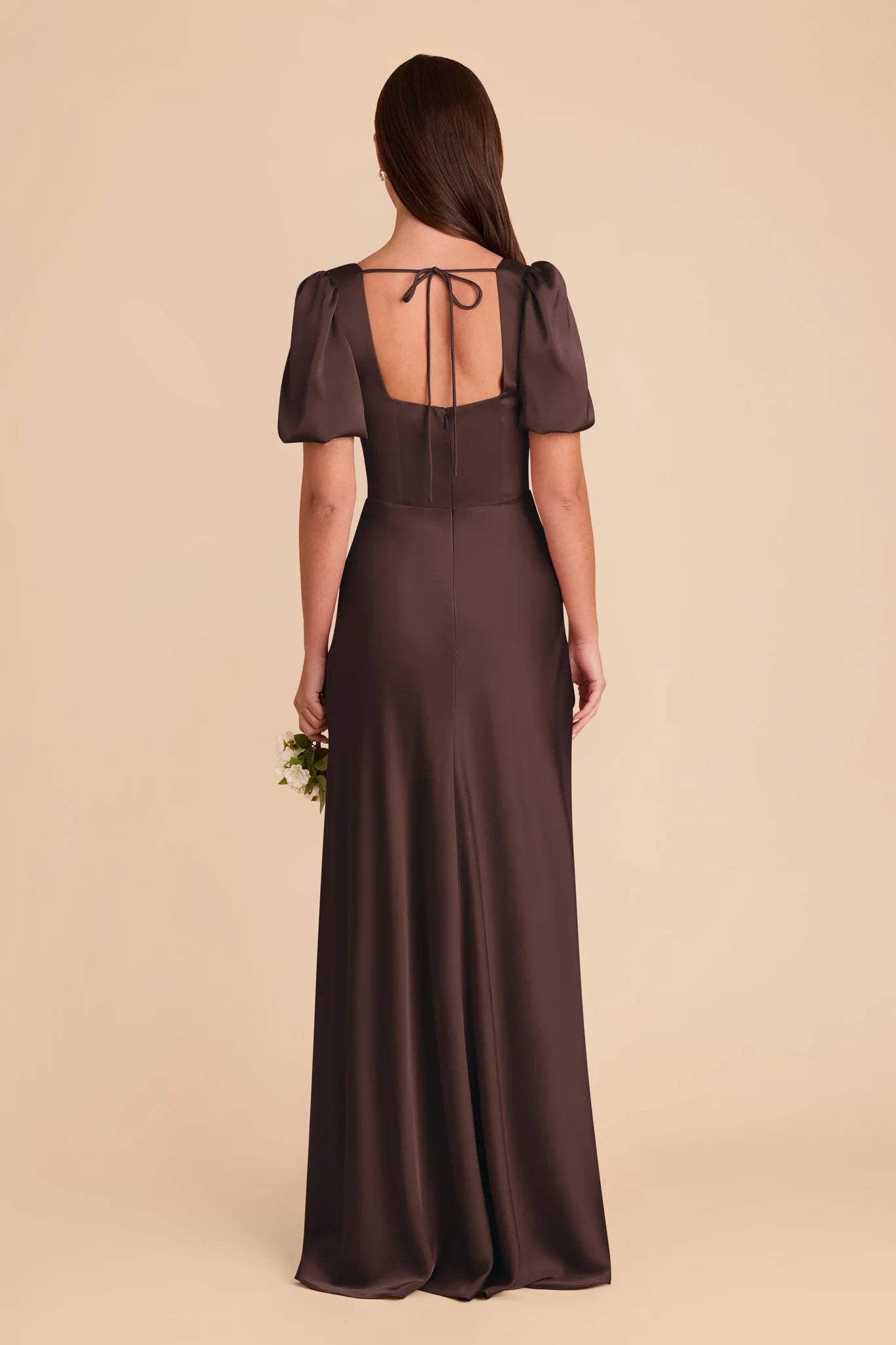 Elegant Sheath Square Neck Puff Sleeve Tie Back Floor Length Bridesmaid Dress