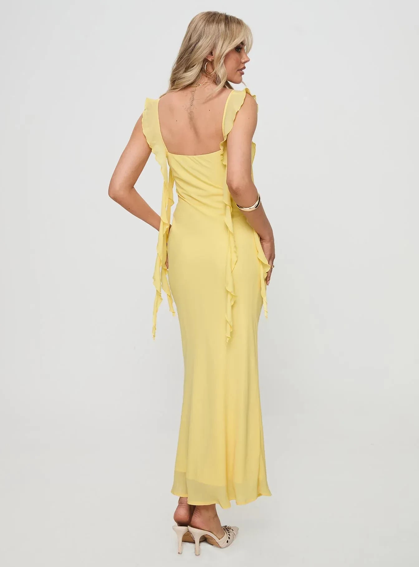 Elegant Sheath Square Neck Ruffled Strap Open Back Floor Length Evening Dress